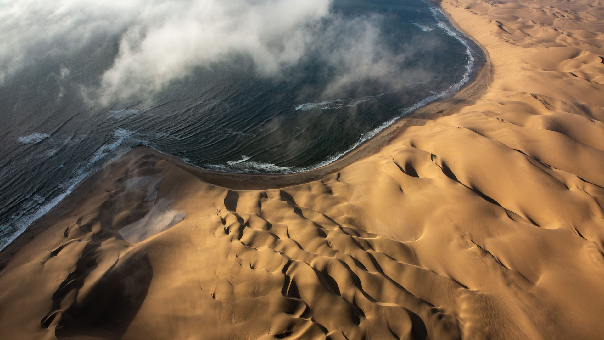 Aerial view of Namibian dunes meeting the Atlantic Ocean