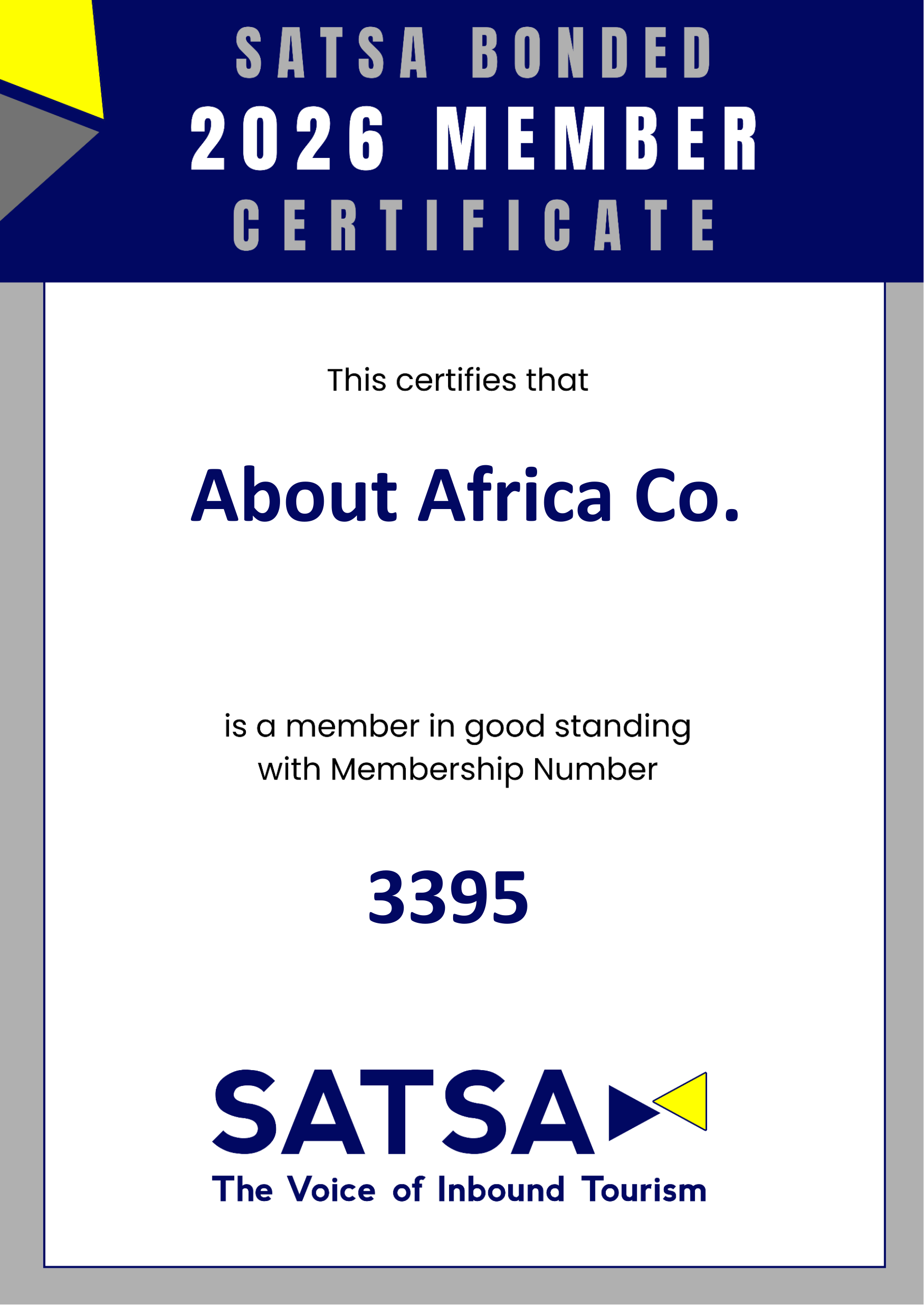 SATSA 2026 membership certificate for About Africa Co.